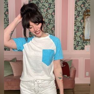 70s 1970s Vintage Blue terry cloth and white raglan sleeve baseball T Shirt